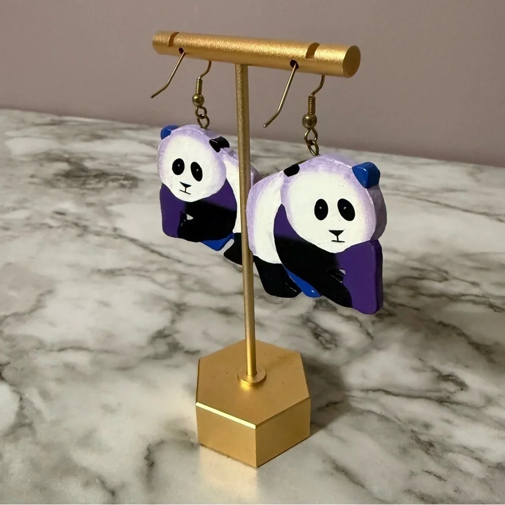 Vintage World Wildlife Fund Panda Bear Earrings Hand Painted Wooden Earrings